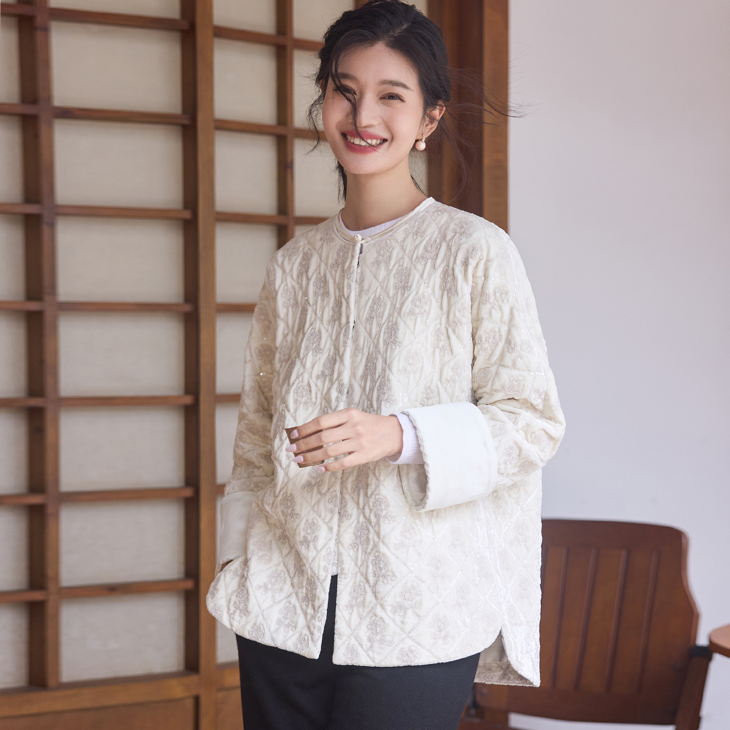 菲伊唐真丝绒冬棉衣女中式棉上衣