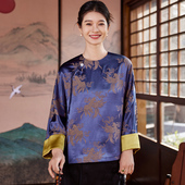 菲伊唐中式 女上衣 文艺复古改良斜襟中国风真丝冠乐绉对襟圆领唐装