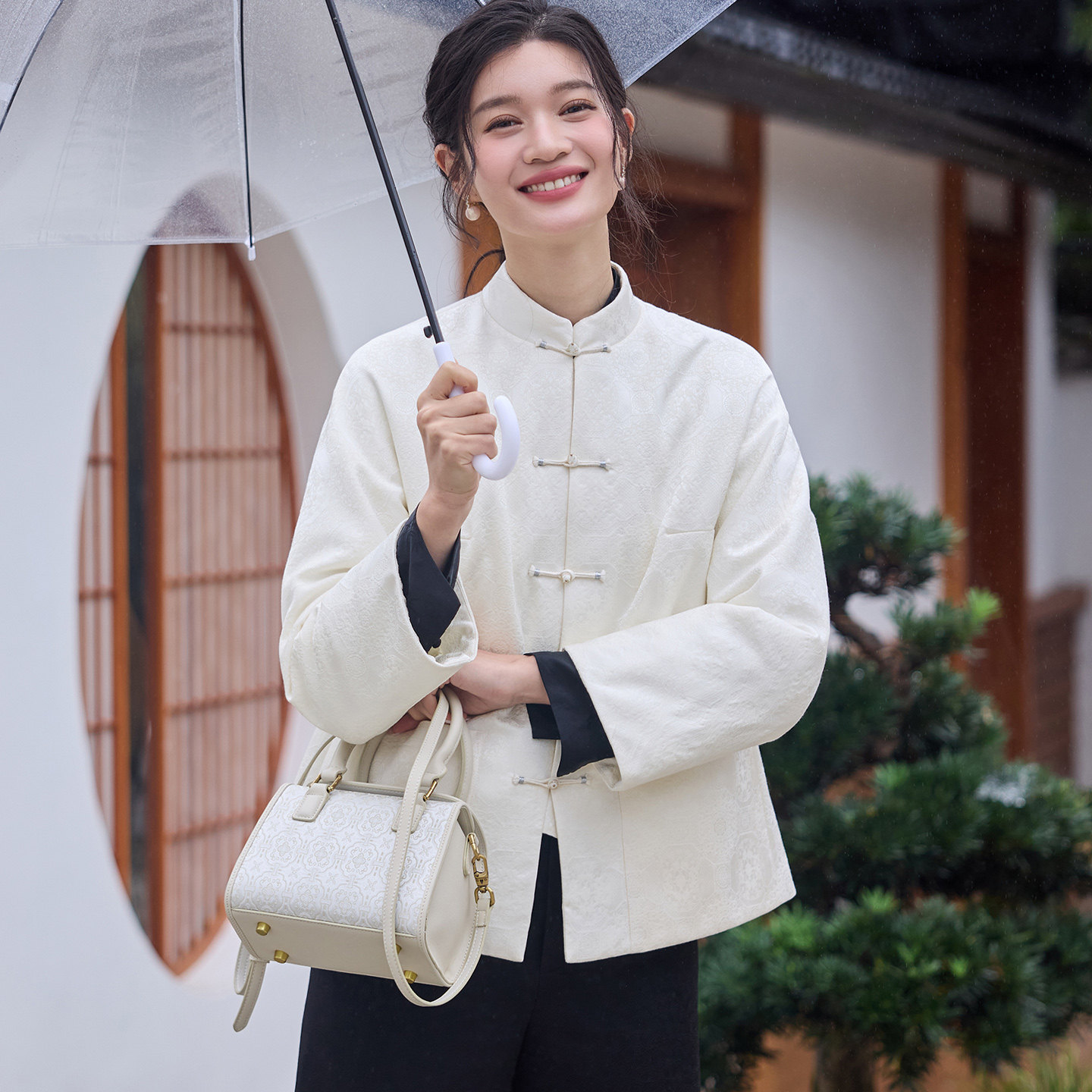 菲伊唐真丝羊毛提花段冬棉衣上衣