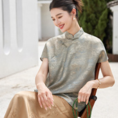 女上衣 女改良立领斜襟短袖 菲伊唐真丝织金手工花萝夏中式 复古唐装