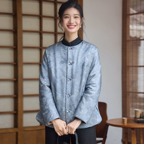 菲伊唐真丝交织提花缎冬棉衣上衣