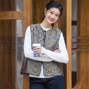菲伊唐中式 宽松马夹女上衣 国潮复古改良真丝蜀锦对襟百搭圆领中式