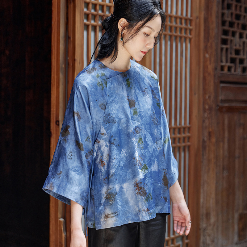 真丝花罗红云纱夏提花圆领女上衣