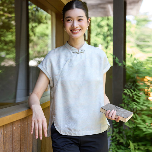菲伊唐真丝织金提花短袖短女上衣