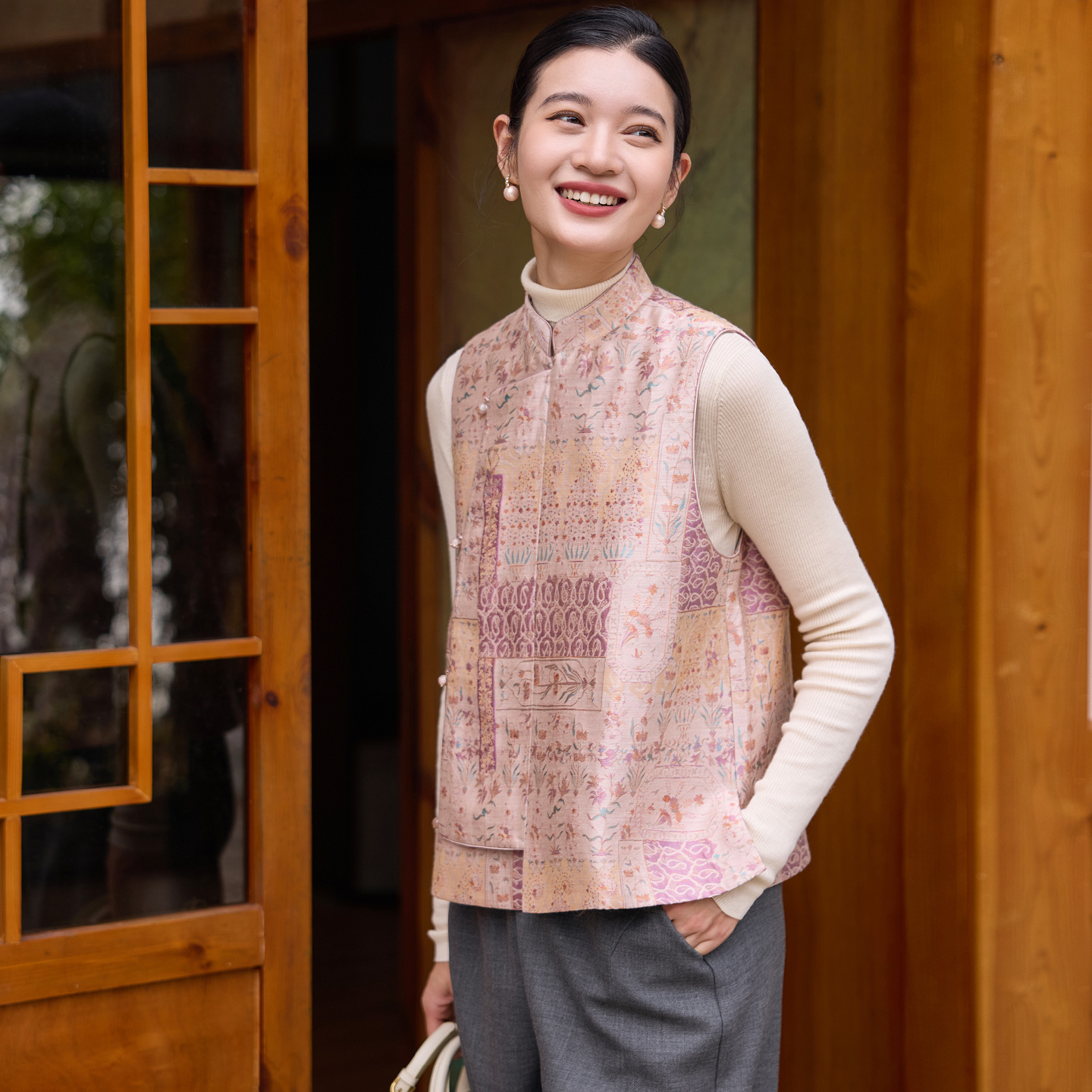 菲伊唐冬真丝羊毛色织提花夹马夹