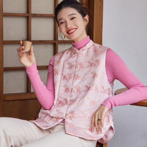 真丝织金宋锦中式改良立领复古唐装女上衣背心国风夹棉斜襟短马夹