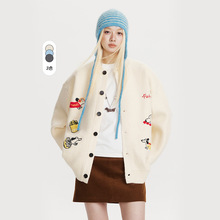 CATTEE美式复古童趣卡通小狗提花开衫毛衣男女宽松针织衫宽松外套