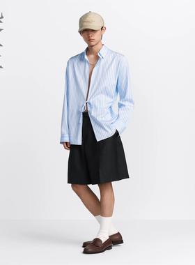 CD家蓝色真丝府绸衬衣纯棉条纹衬衫定制休闲宽松版男士高定手工款