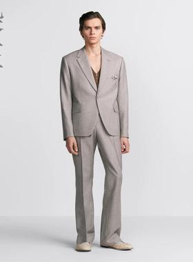 休闲风男士免烫丝绵套装帅气英伦套装灰色羊毛抗皱CD家同款定制潮