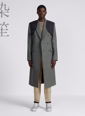 D家千鸟格羊毛风衣春秋大衣CD字母印花logo定制版灰色纯毛免烫男