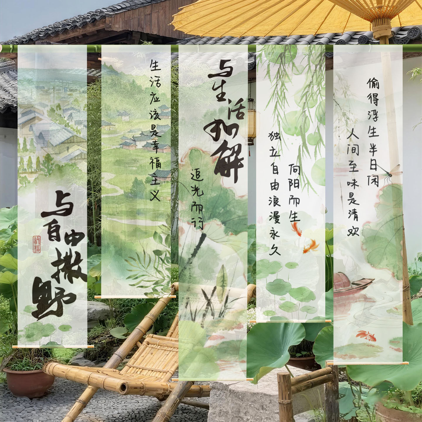 新中式国风半透纱幔户外露营氛围布置条幅挂布民宿小院春天绿装饰