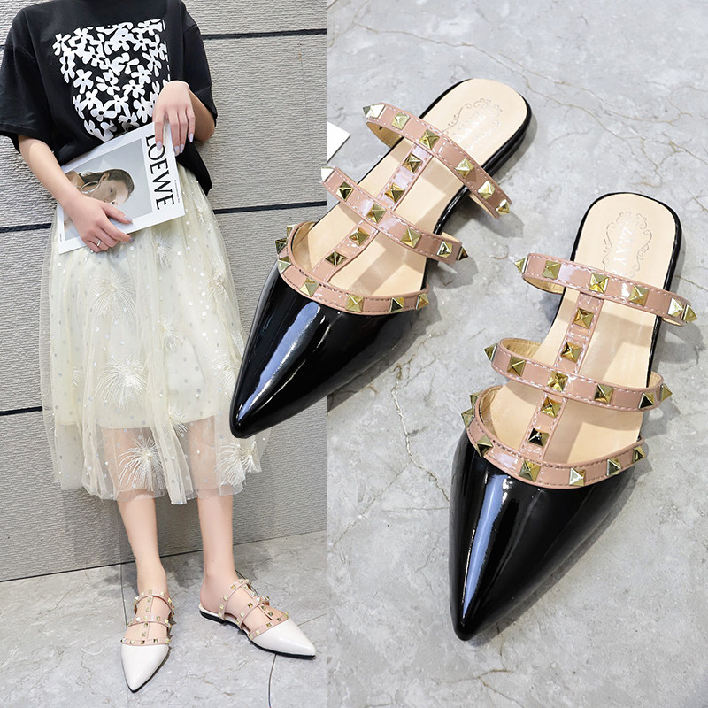 韩版2023铆钉包头半拖鞋凉拖粗跟软底凉鞋中跟拖鞋平底包头拖鞋女,女鞋,包头拖,淘宝优惠券,粉丝福利购,淘宝优惠卷