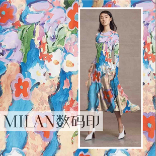 手绘油画风格花卉数码印花面料仿真丝雪纺空气层羽绒服布双绉丝绒