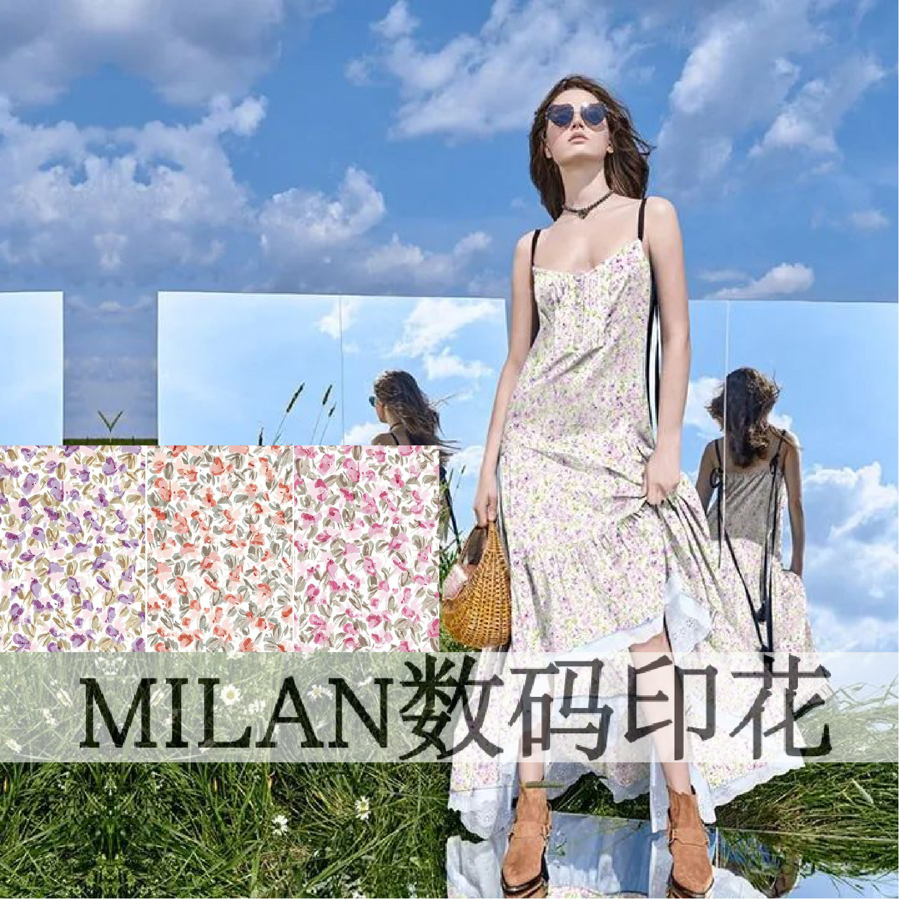 新款小碎花图案数码印花面料雪纺空气层仿真丝仿棉羽绒服布仿丝绒