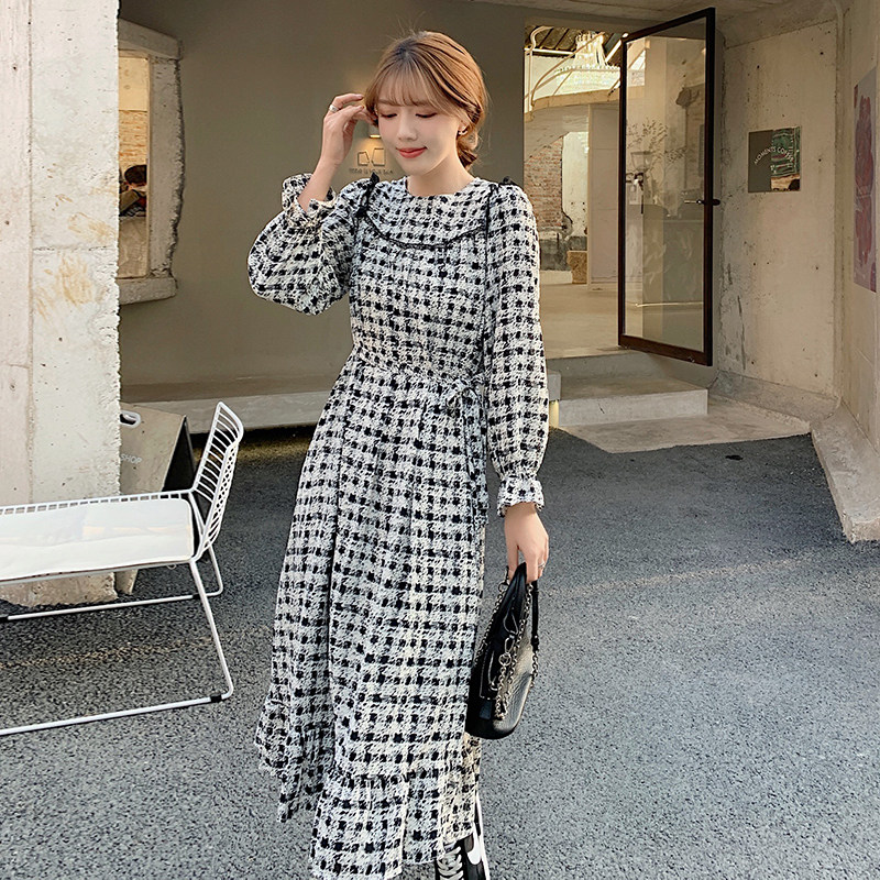 现货2021秋冬新款复古女装格子绑带收腰蕾丝拼接雪纺连衣,女装连衣裙,潮品会