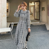 现货2021秋冬新款复古女装格子绑带收腰蕾丝拼接雪纺连衣，女装连衣裙，潮品会