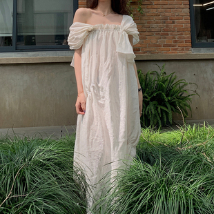 春夏新款 Angel nosce 显瘦气质仙女亚麻白色连衣裙 temet