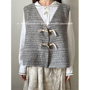 灰色羊毛小香风牛角扣马甲原创 原468 年末清仓 不退换