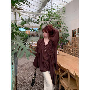秋冬长袖 nosce 设计感随性法式 慵懒全棉 棕色斗篷衬衫 temet