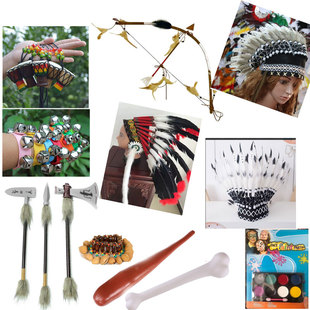 印第安酋长头饰野人羽毛头饰奥尔夫道具骨头棒原始人兵器矛戈弓箭