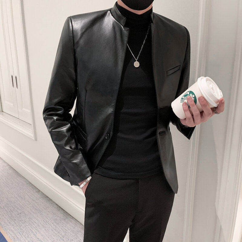 英伦潮男装修身小皮衣男痞帅休闲PU皮西装韩版立领西服青年皮外套