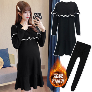 孕妇装冬装套装2025新款大码上衣孕妈法式穿搭裙子秋冬哺乳连衣裙