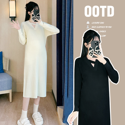 孕妈时尚遮肚大码针织连衣裙秋冬