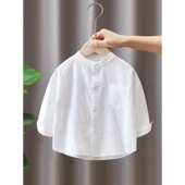 棉麻上衣宝宝春秋长袖 儿童秋装 男孩白色圆领衬衣 2025新款 男童衬衫