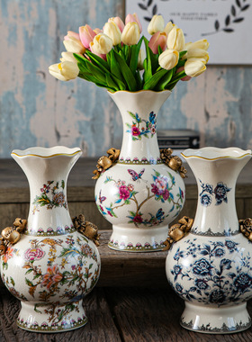 包邮新中式青花陶瓷花瓶摆件客厅家居饰品美式复古花插花瓶工艺品