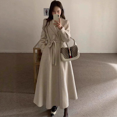 高级感A字双面羊绒大衣女中长款垫肩大裙摆收腰赫本风羊毛呢外套