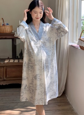 88151现货纯棉磨毛绒水墨画秋冬睡衣大码宽松孕妇睡裙带胸垫