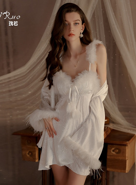 两件套内衣性感加胸垫纯欲撒银诱惑吊带睡裙外袍大码家居套装新款