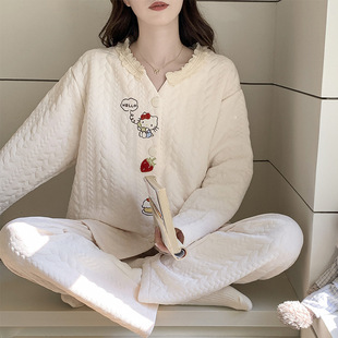 大码睡衣女秋冬季加厚空气棉夹层花边长袖套装可爱卡通少女家居服