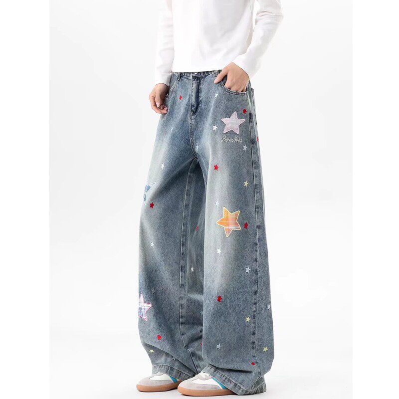 美式复古星星贴布牛仔裤女款2026春季新款宽松休闲直筒阔腿裤子