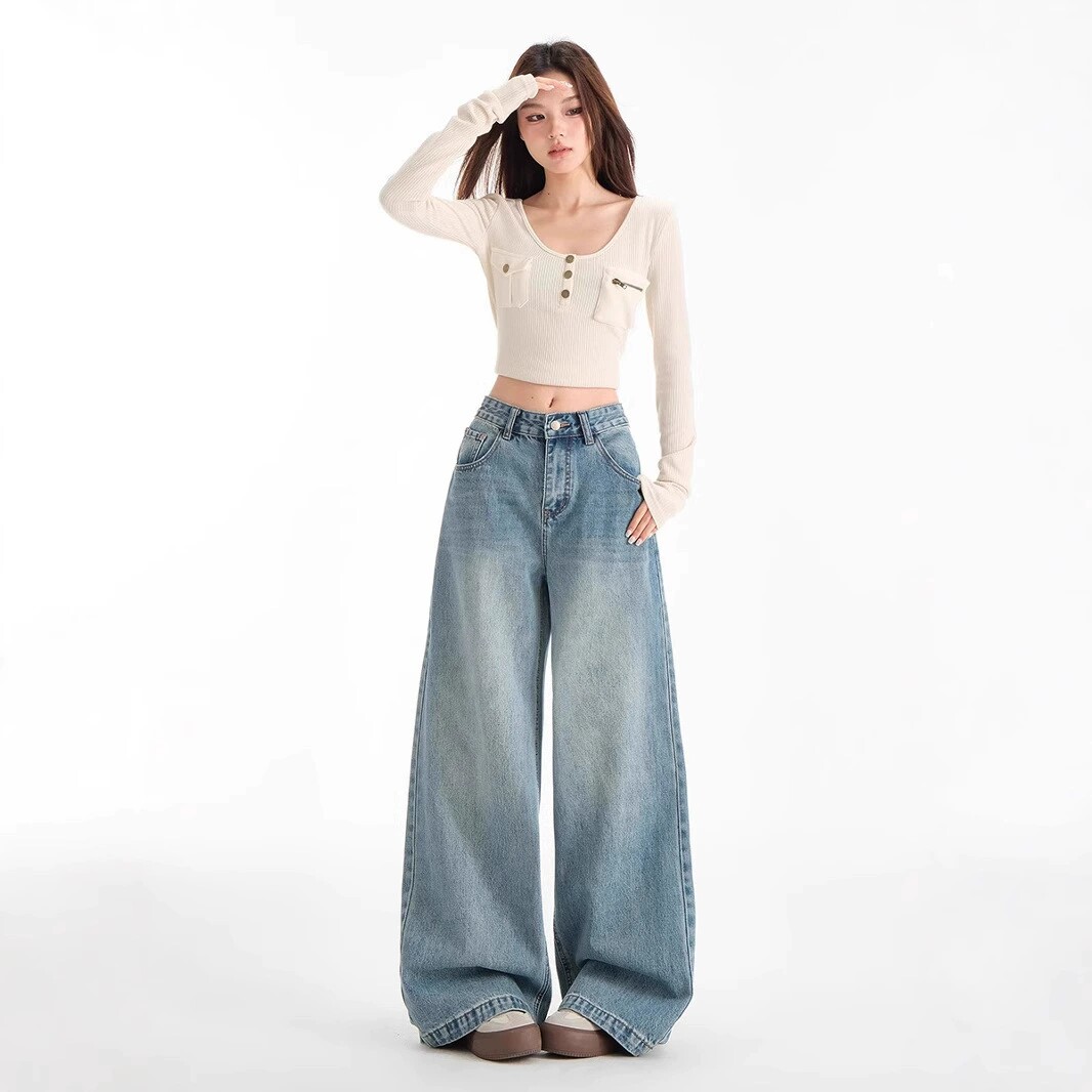 美式复古阔腿牛仔裤女2026年新款春夏季宽松百搭高腰显瘦直筒裤子