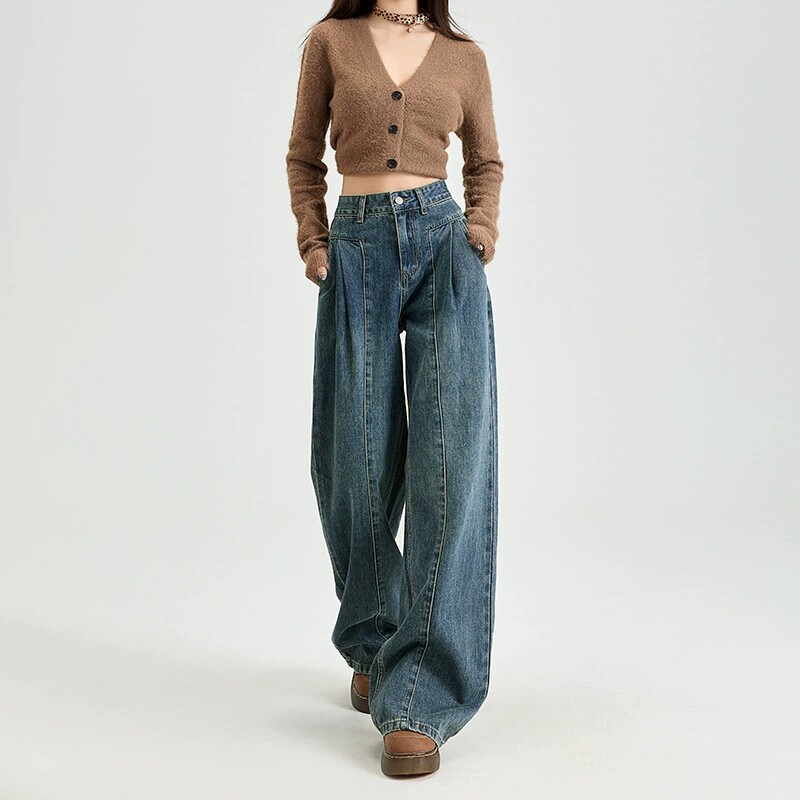 复古蓝高腰直筒做旧牛仔裤女2026新款春秋宽松垂感拖地阔腿长裤子