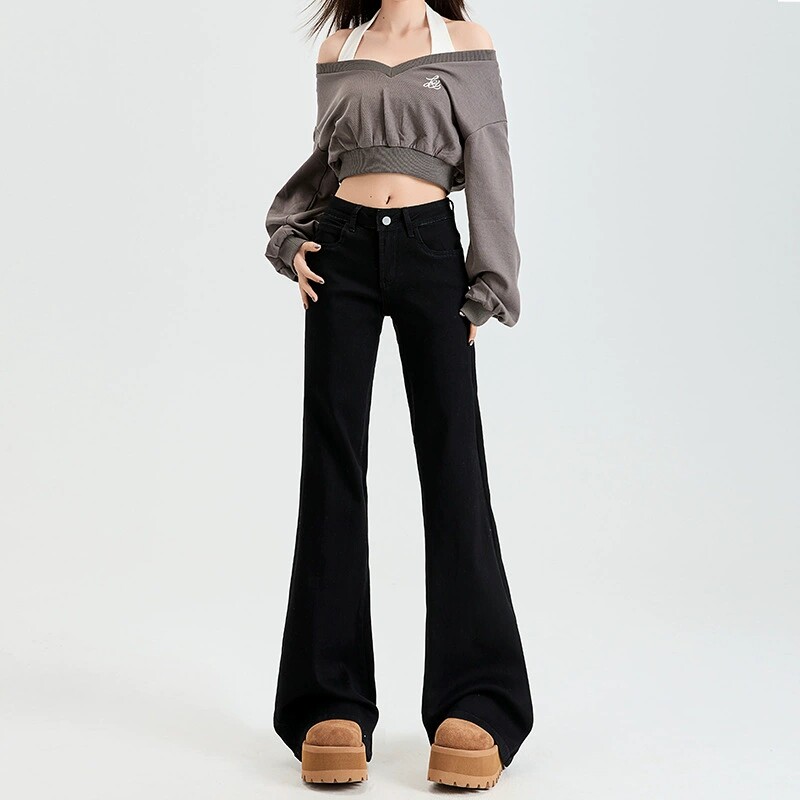 美式黑色喇叭牛仔裤女高腰加绒显瘦显高春季新款时尚不贴腿微喇裤