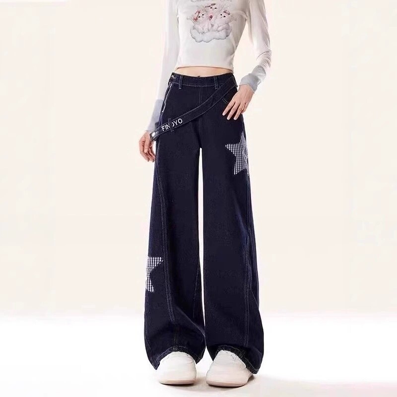 阔腿牛仔裤女星星印花2026年春季新款美式垂感小个子宽松直筒裤