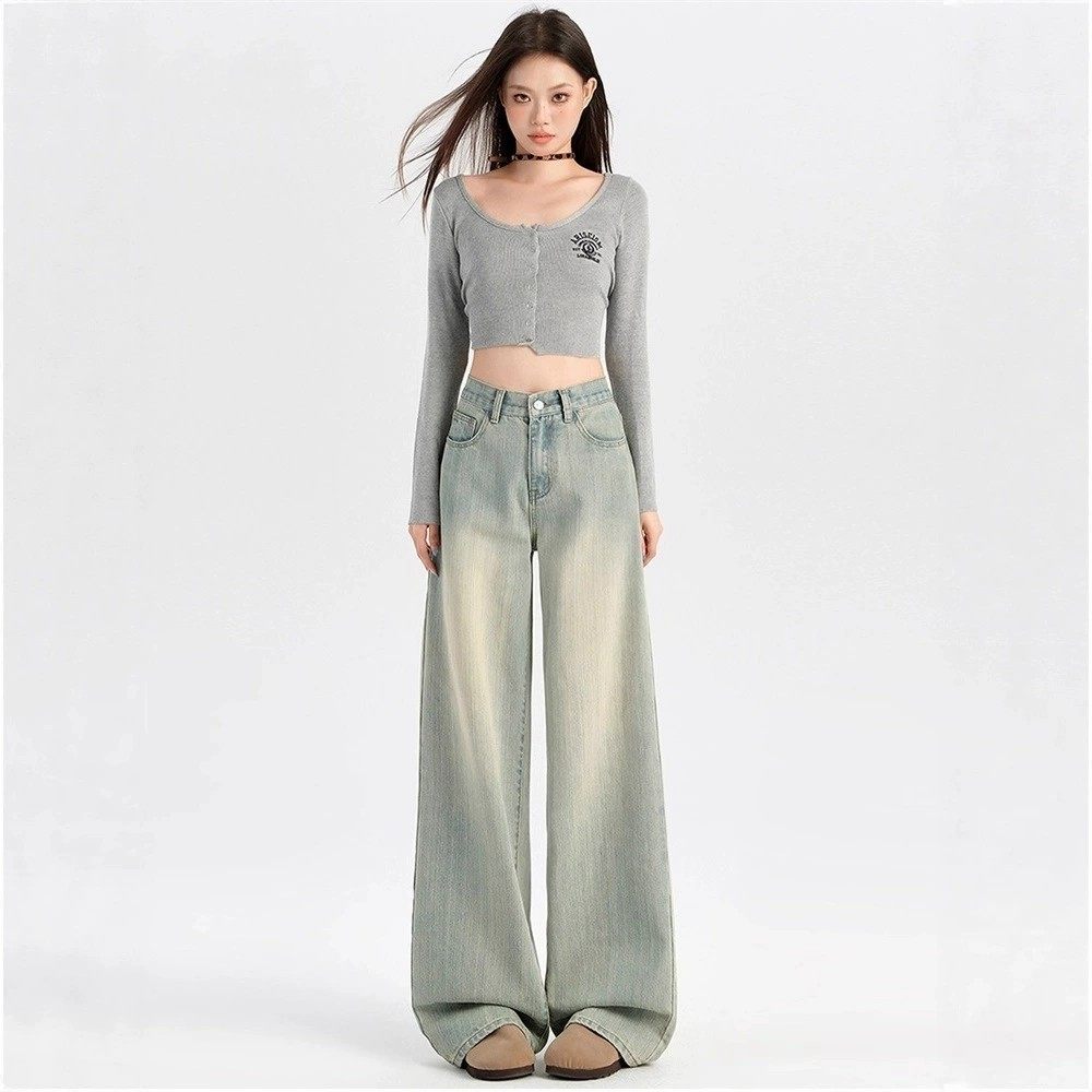 美式浅色阔腿牛仔裤女2026新款春季宽松高腰显瘦垂感显高直筒裤子