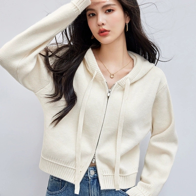 双拉链连帽羊毛衣外套女