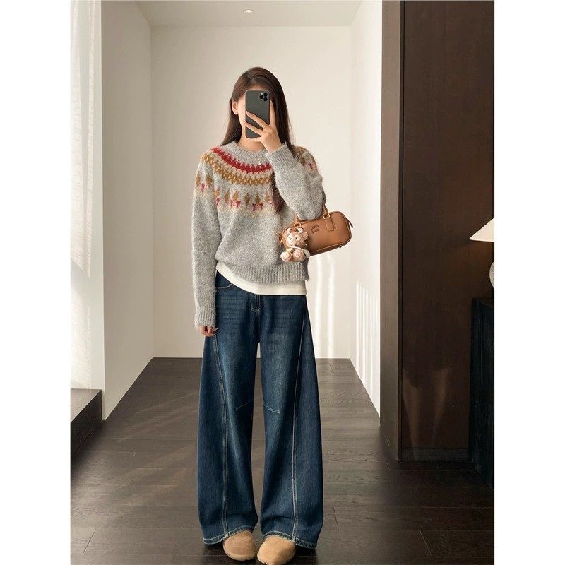 慵懒高级感拼色圆领羊毛衣女2026秋冬季新款复古提花气质套头毛衣