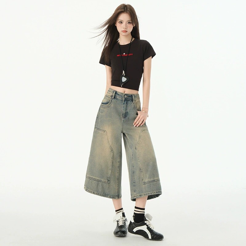 阔腿牛仔裤女夏季2026年春夏新款高腰宽松显瘦小个子七分直筒短裤