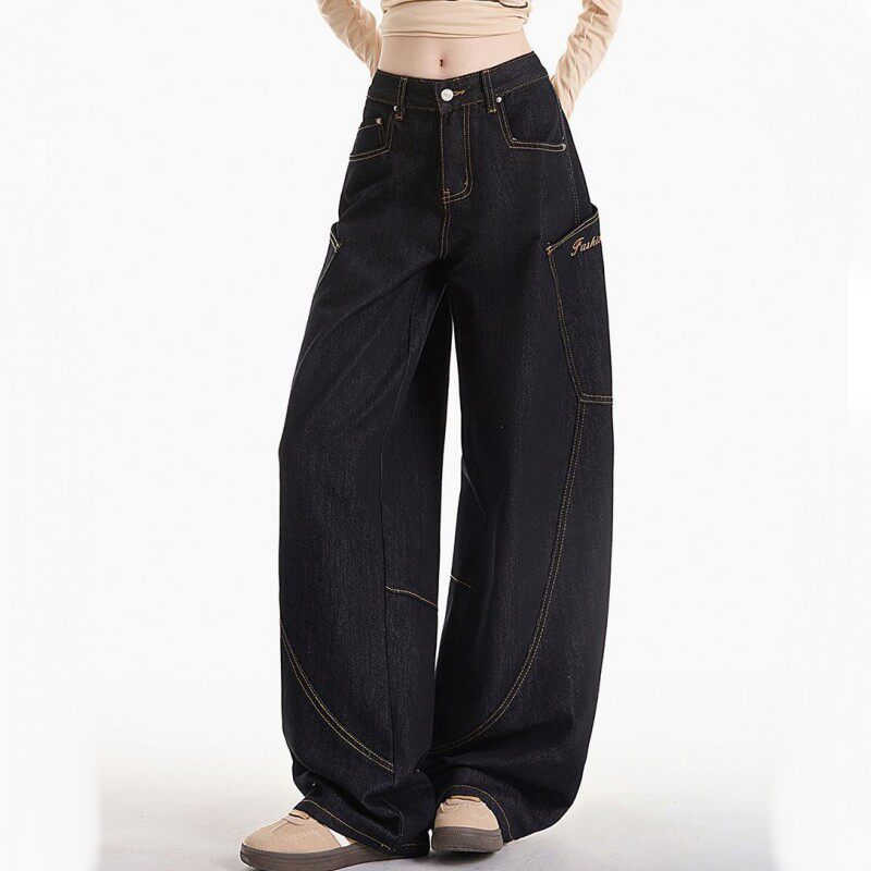 美式复古黑色弯刀牛仔裤女2026春季新款高腰宽松显瘦阔腿休闲裤子