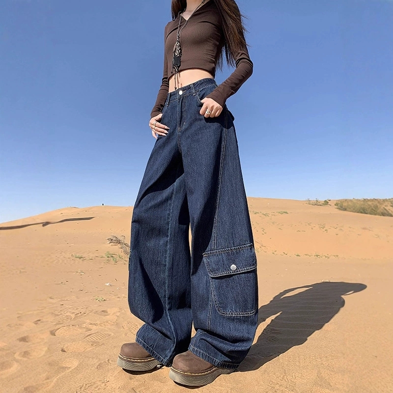 复古阔腿牛仔裤女工装直筒拖地裤