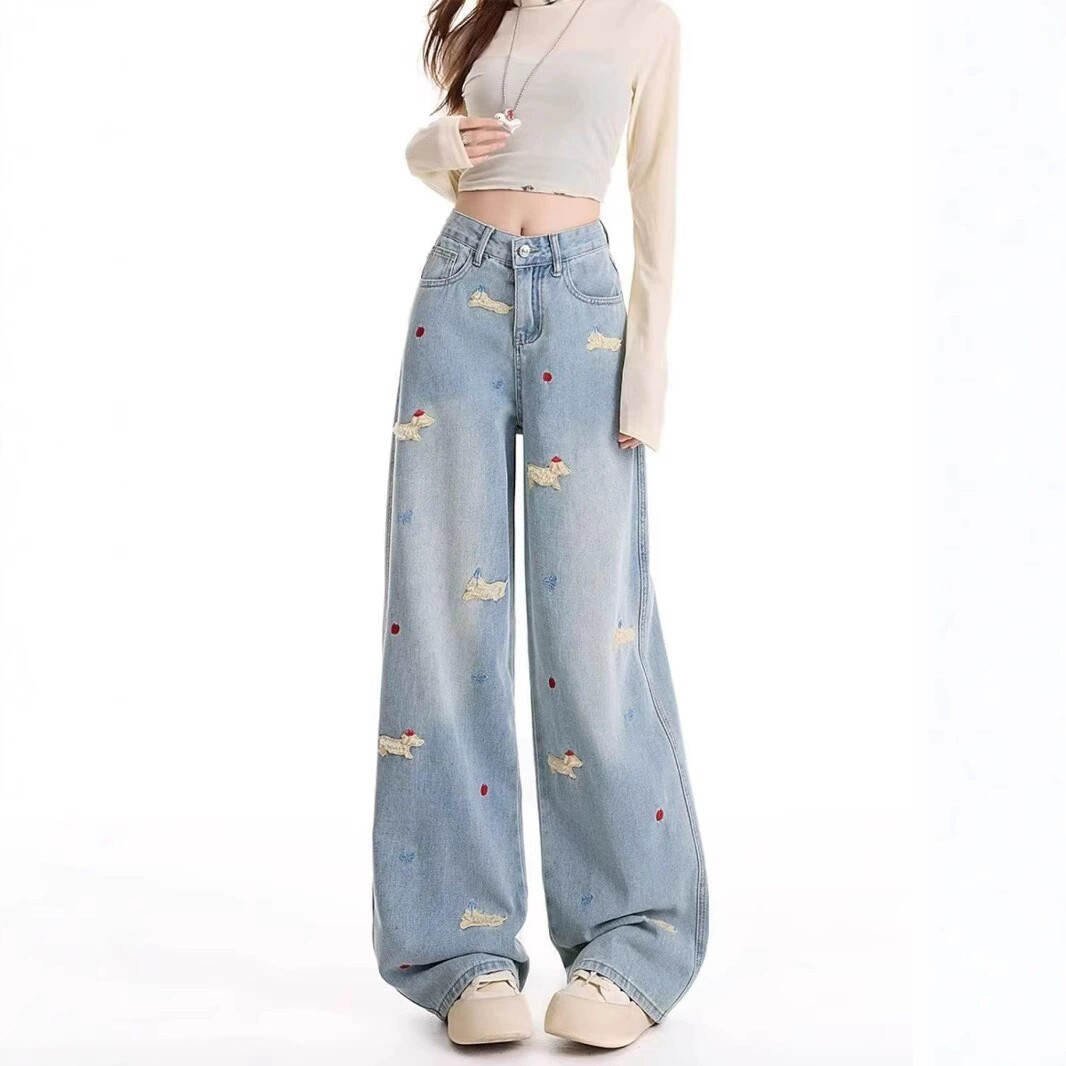 腊肠狗刺绣窄版直筒牛仔裤女2026春季新款高腰显瘦宽松垂感阔腿裤