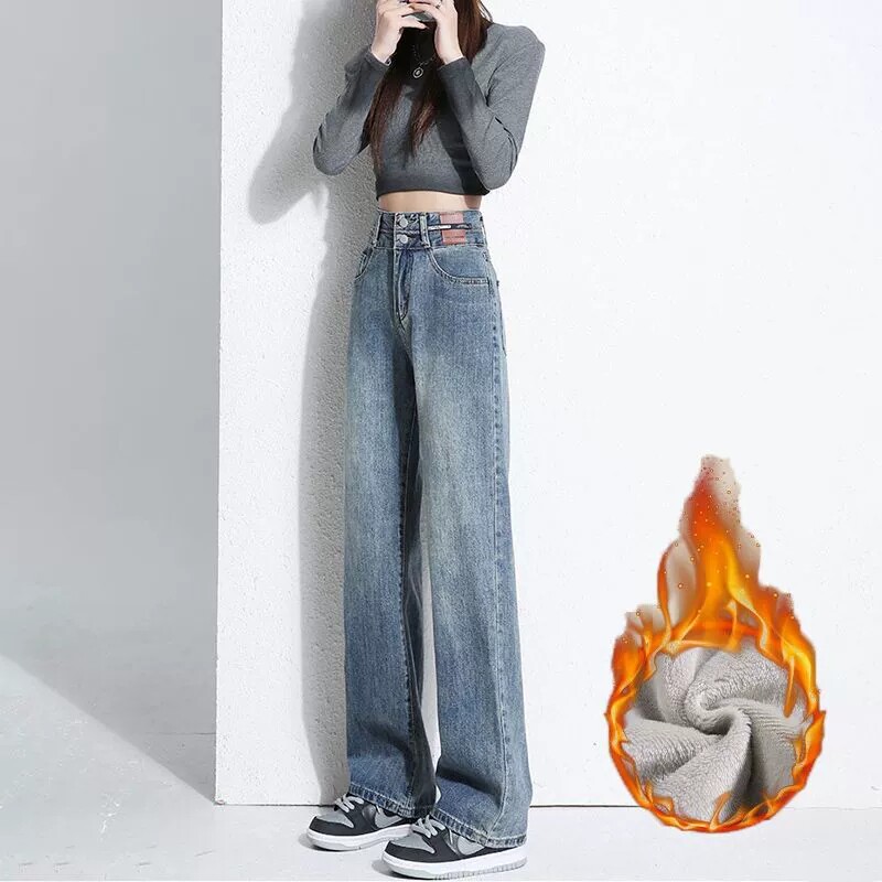 窄版直筒裤牛仔裤女秋冬季2026新款美式宽松显瘦加绒加厚阔腿裤子