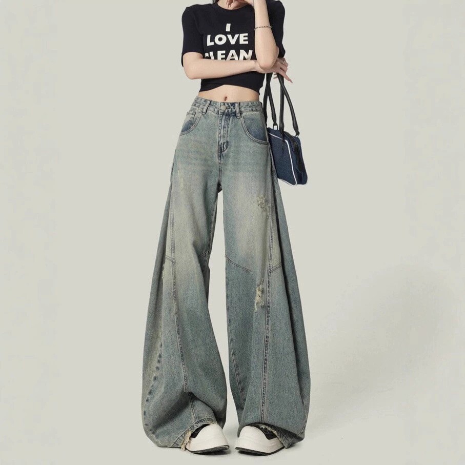 破洞弯刀阔腿牛仔裤女2026新款美式复古高腰直筒宽松显瘦镰刀裤