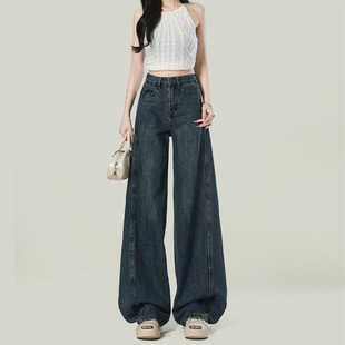 复古蓝美式阔腿裤牛仔裤女2026年春季新款宽松显瘦小个子直筒裤子
