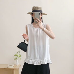 白色无袖棉绸背心女夏季荷叶边拼接显瘦百搭气质人造棉上衣