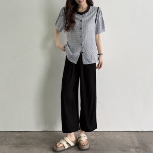 棉绸衬衫女夏季新款韩版格子短袖上衣休闲外穿人造棉薄款开衫